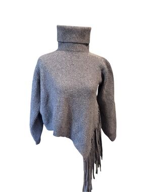 Stella McCartney 95% Cashmere Fringe Asymmetrical Turtleneck Sweater Gray IT 38